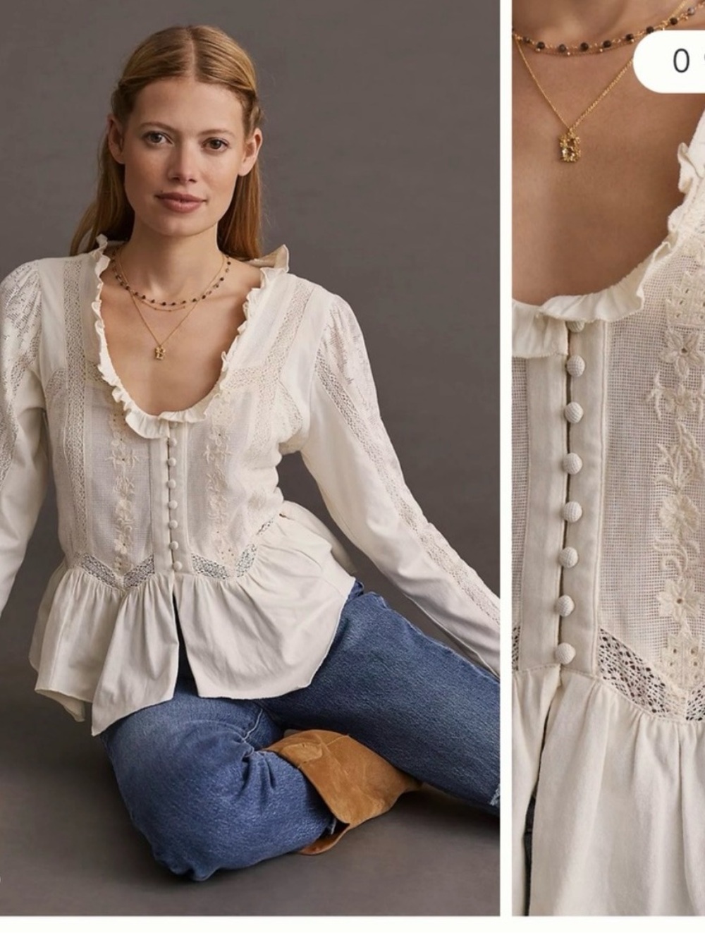 Boho Ruffle-Trim Ivory Peplum Blouse